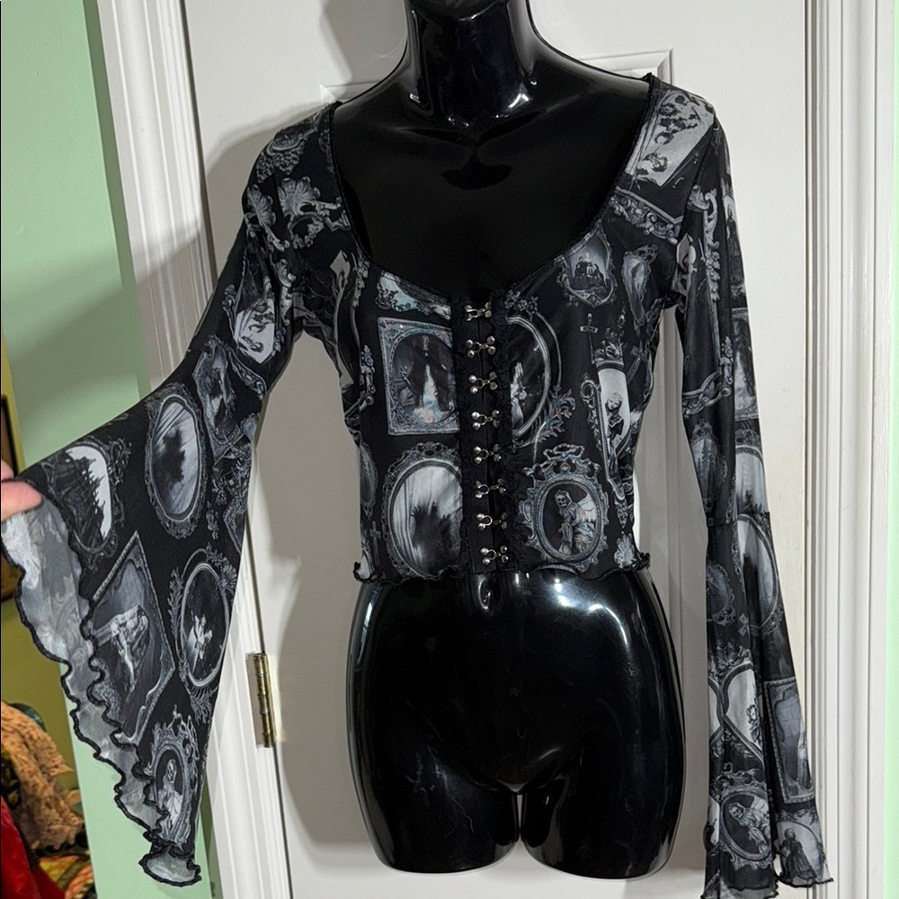 Dolls Kill Widow Black Forgotten Memories Bell Sleeve Mesh Crop Top Size Medium
